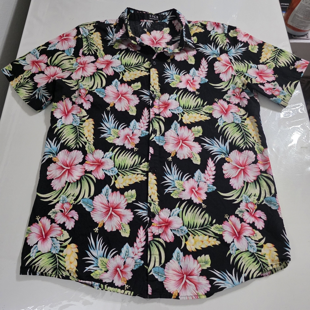 Men's Floral Pink Flowers & Leaves Black Hawaiian Cotton Shirt Size Large L